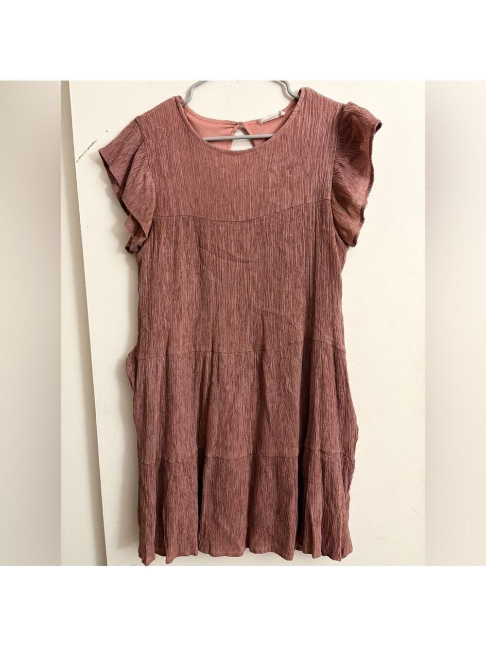 Altar'd State Pink Gauzy Tiered Mini Dress with Flutter Sleeves Size L